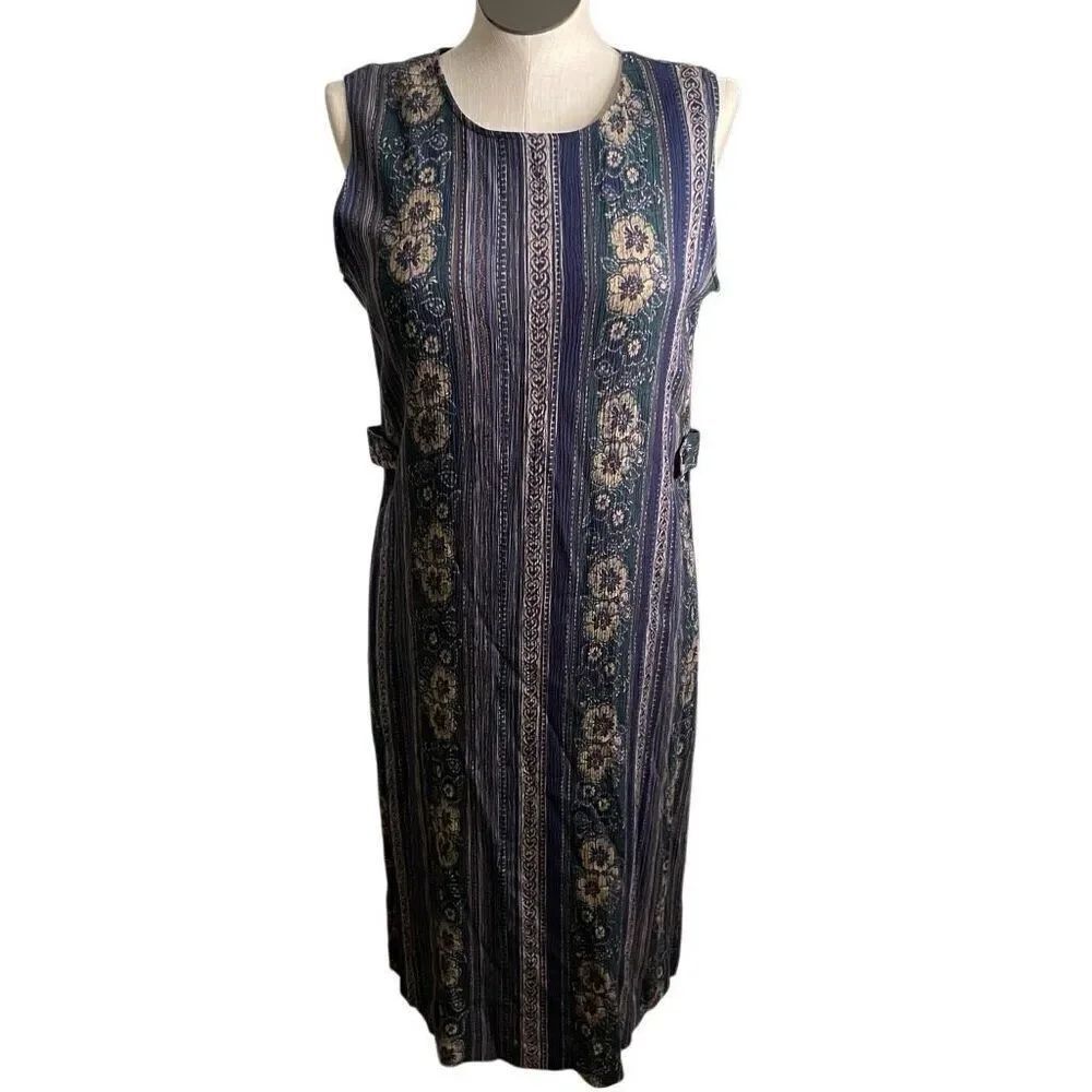 Vtg Sag Harbor Womens Midi Dress LP Teal Batik Sleeveless Art Style Boho Lagom
